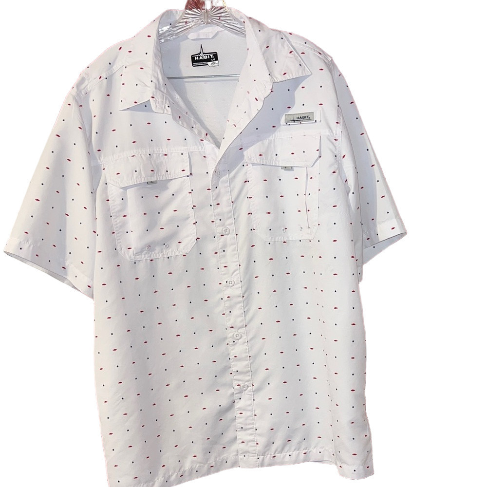 Habit Fishing Fish Vented Men's Casual White Shirt with Red Accents L